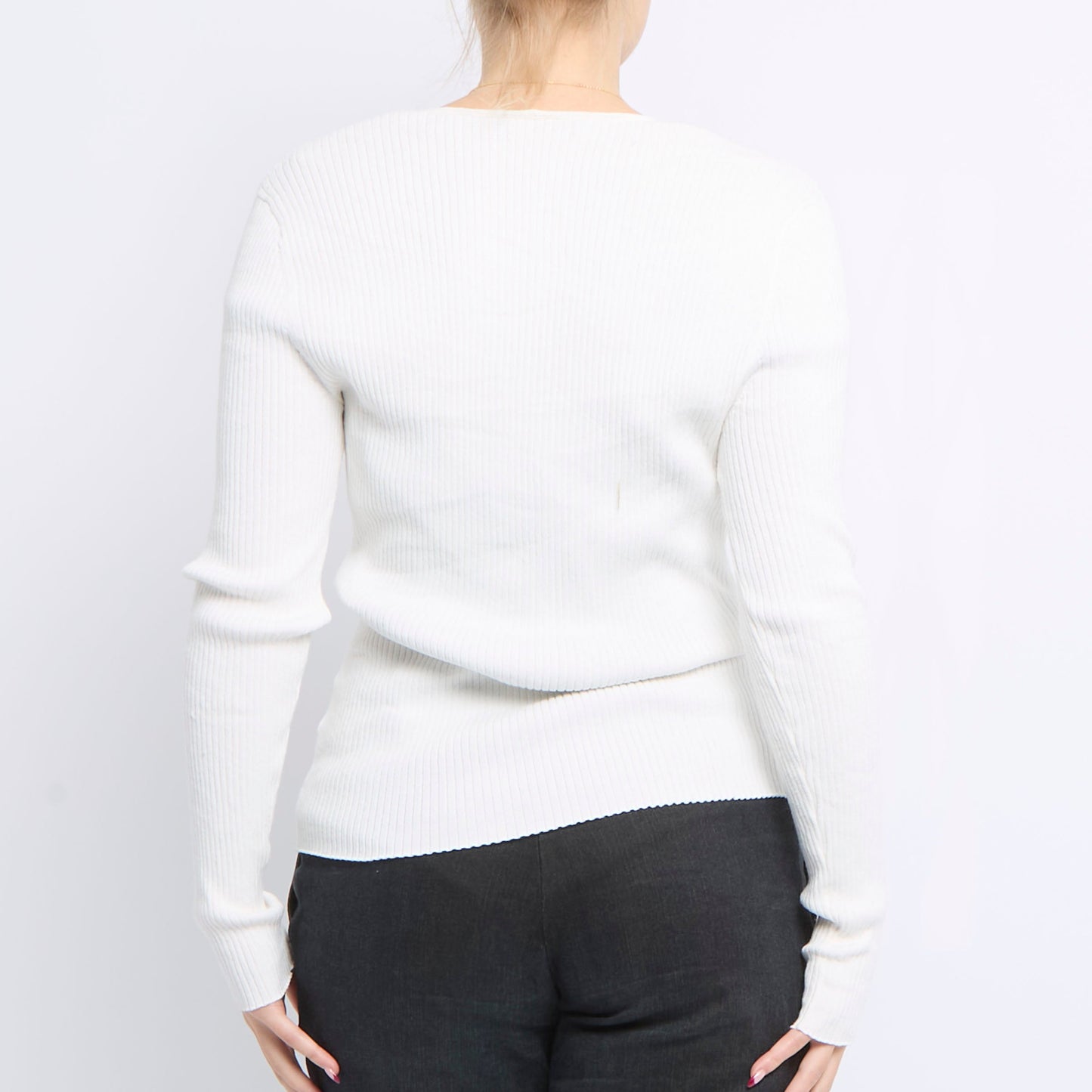 Ribbed Drop Neck Knitted Sweater - UK 12