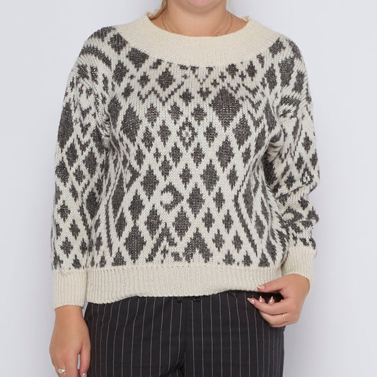 Wide Neck Patterned Woolen Jumper - UK 12