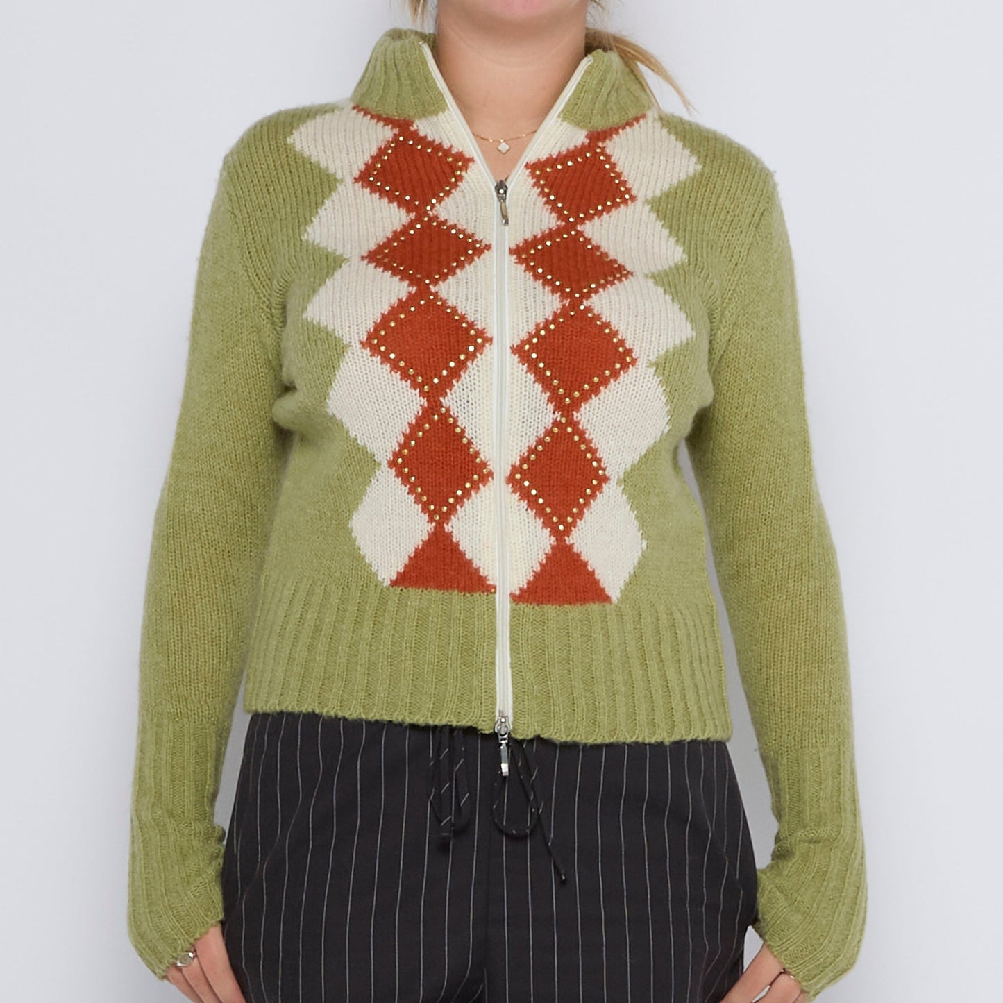 Cotton Knitted Zip-Up Sweater - UK 12