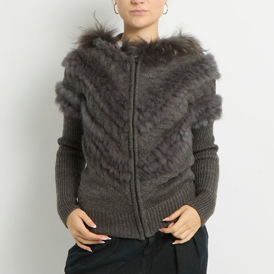 Fur Detail Cable Knit Hooded Jumper - UK 12