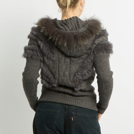 Fur Detail Cable Knit Hooded Jumper - UK 12