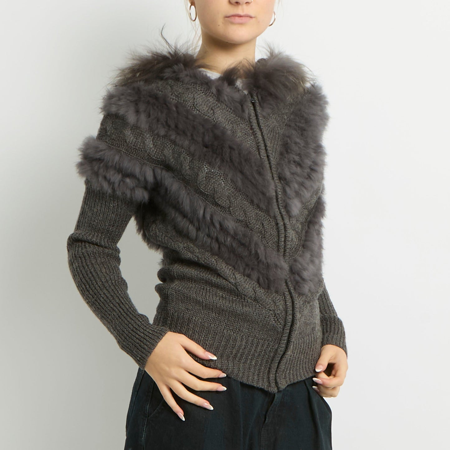 Fur Detail Cable Knit Hooded Jumper - UK 12