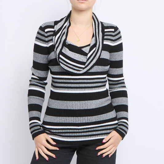 Striped Cowl Neck Ribbed Sweater - UK 12