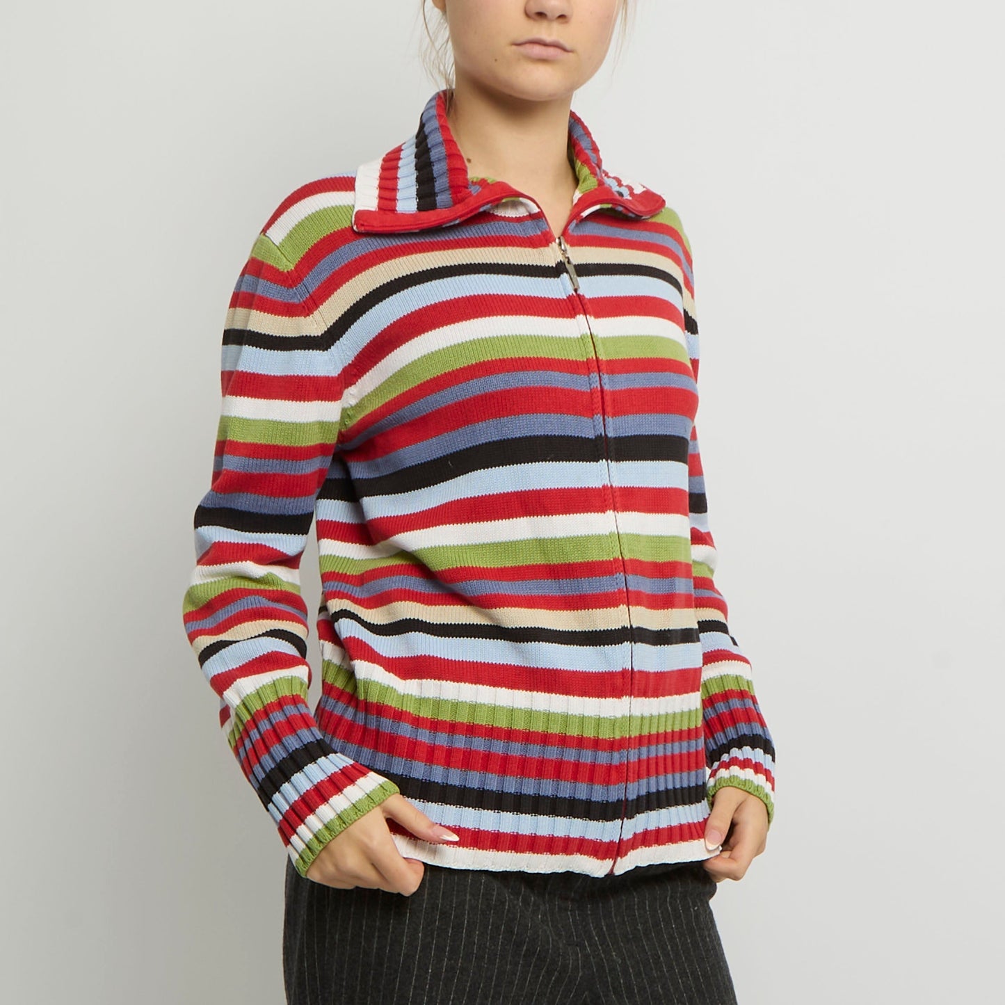 Stripe Knit Polo Neck Zip Jumper - UK 12