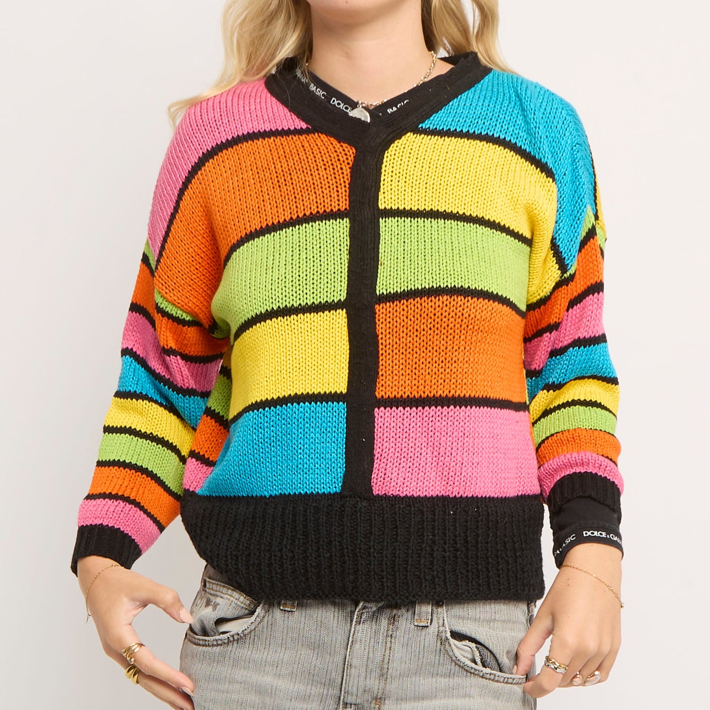 Striped V-Neck Heavy Knit Sweater - UK 12