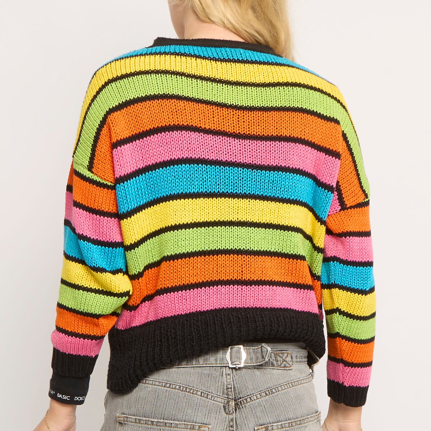 Striped V-Neck Heavy Knit Sweater - UK 12