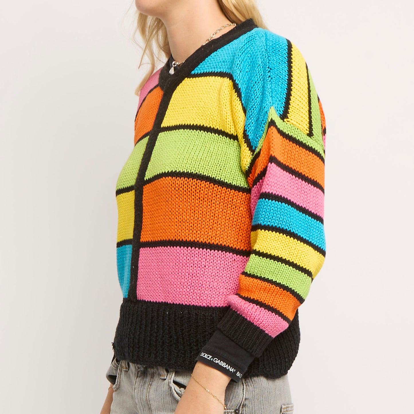 Striped V-Neck Heavy Knit Sweater - UK 12