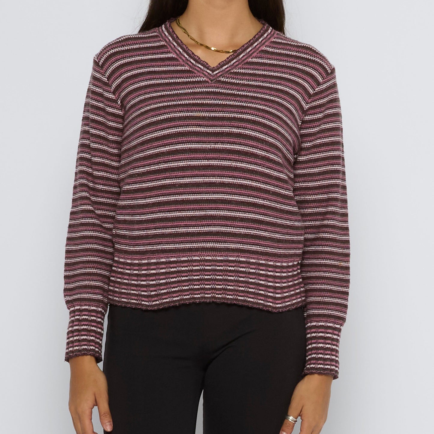 Striped V-Neck Cropped Knitted Sweater - UK 12