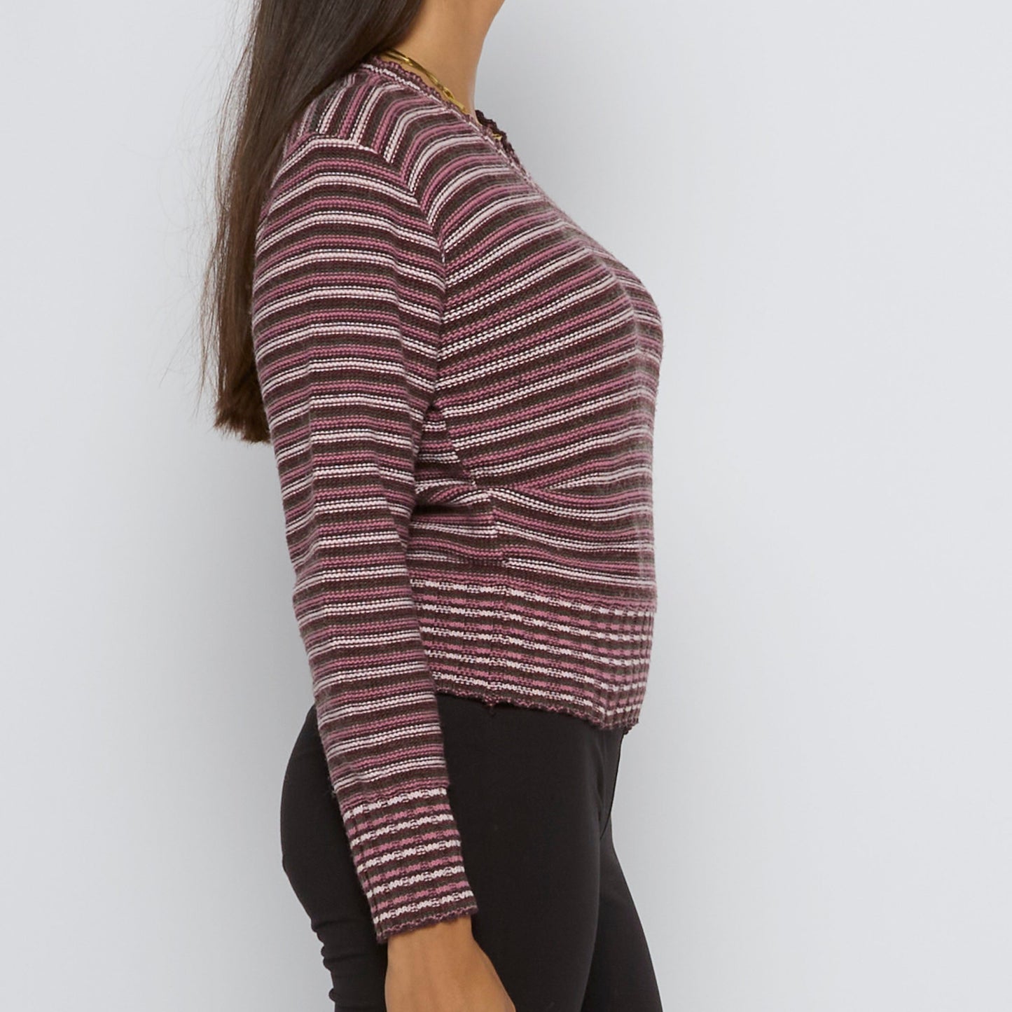 Striped V-Neck Cropped Knitted Sweater - UK 12