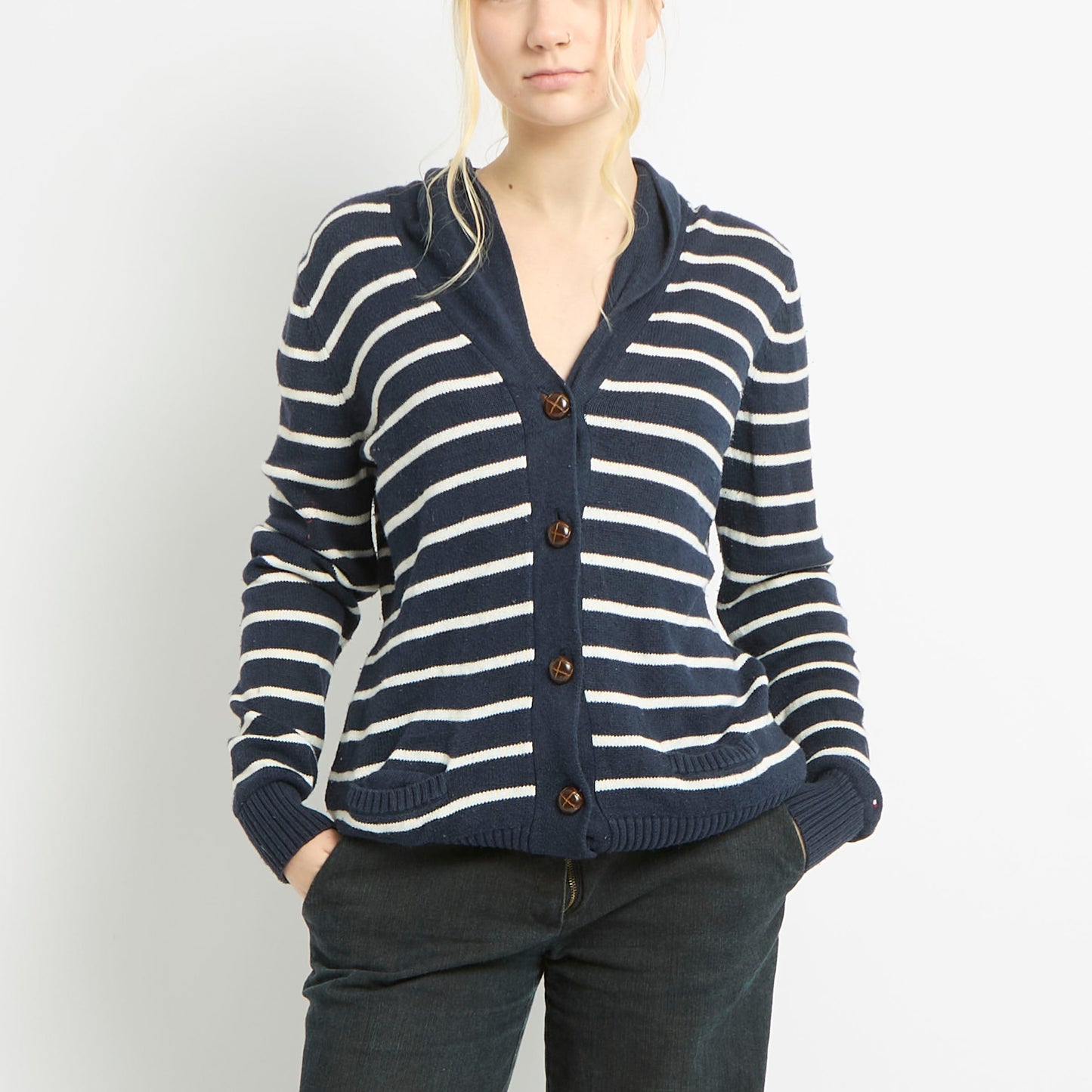 Tommy Hilfiger Striped Cardigan With Leather Buttons - UK 12