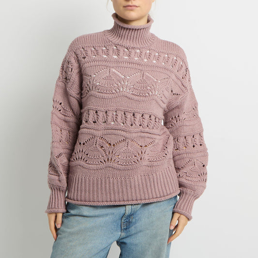 Chunky Patterned Knit Polo Neck Sweatshirt - UK 12