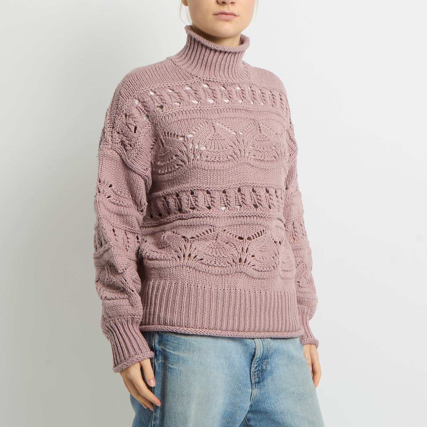 Chunky Patterned Knit Polo Neck Sweatshirt - UK 12