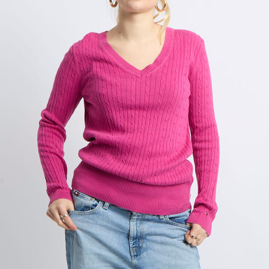 Cable Knit V-Neck Knitted Sweatshirt - UK 12