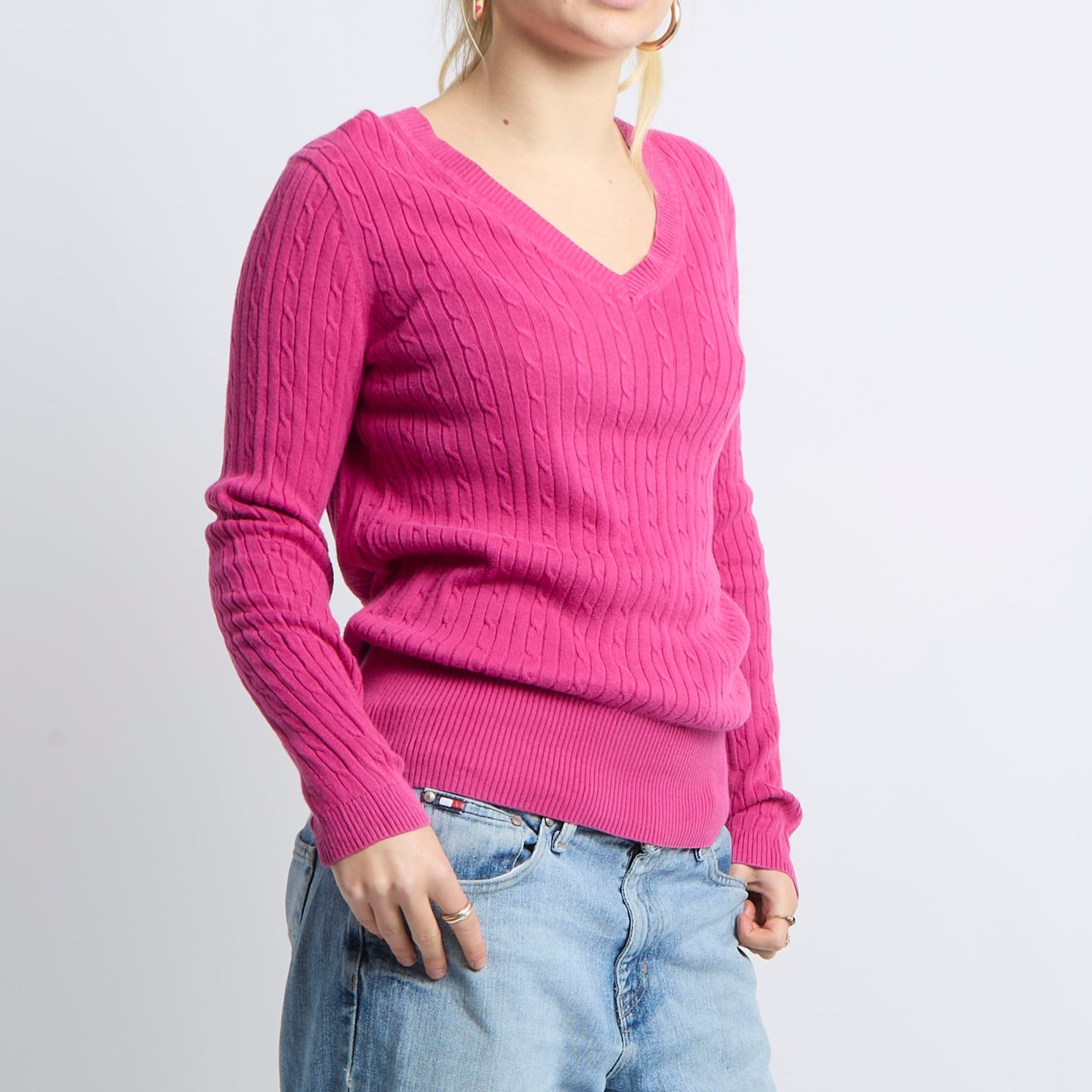 Cable Knit V-Neck Knitted Sweatshirt - UK 12