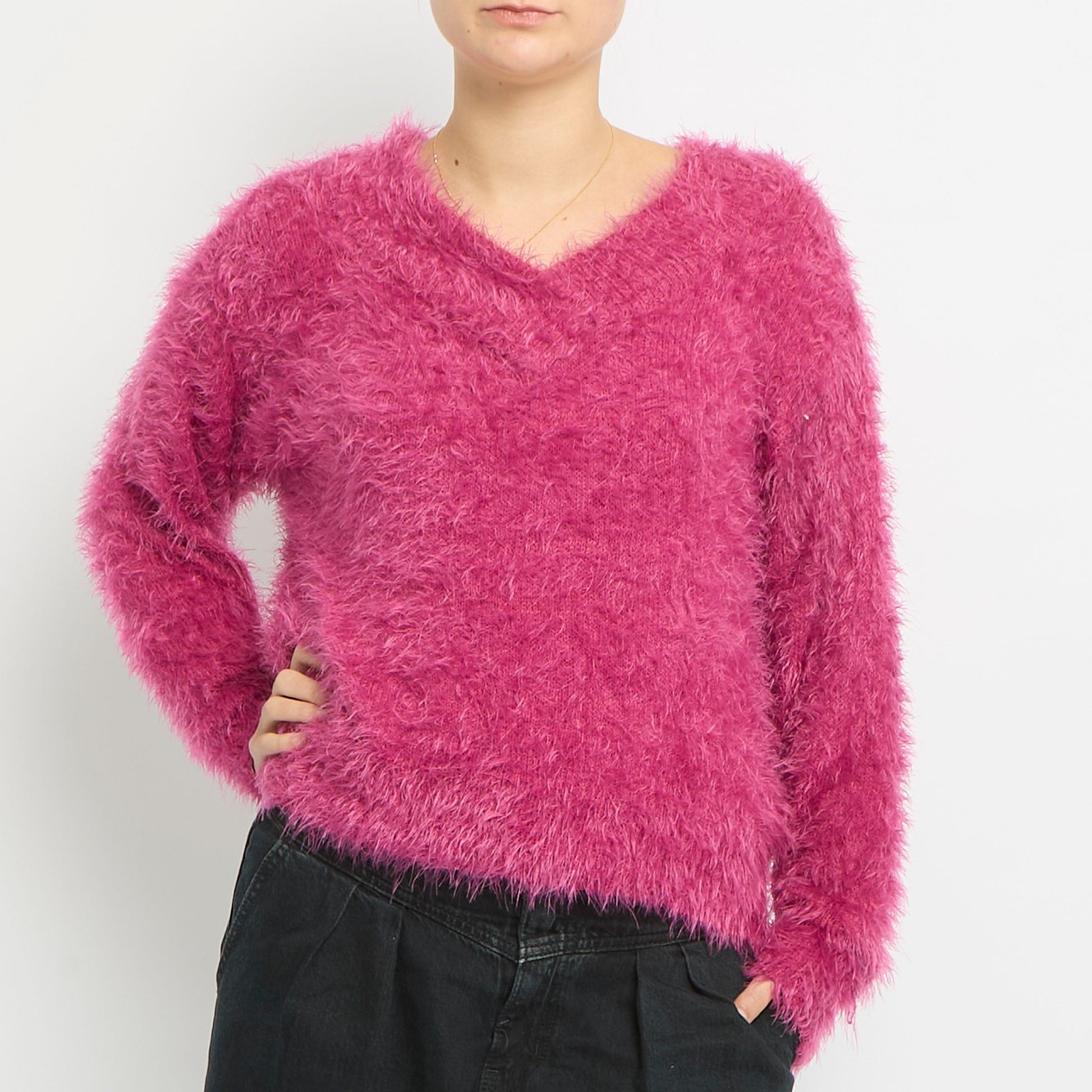 Fluffy Knit Off The Shoulder Sweatshirt -UK 12