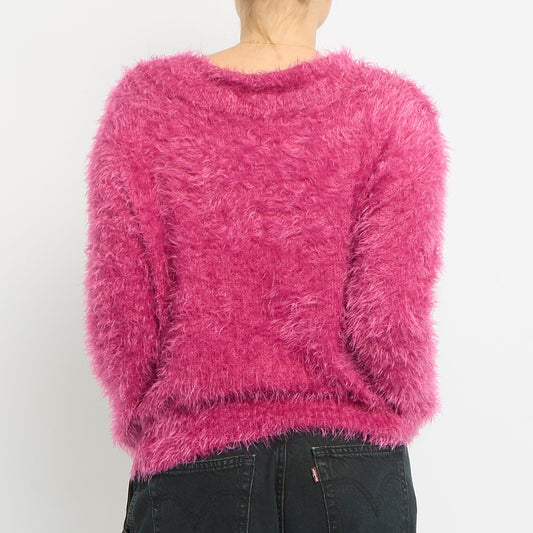 Fluffy Knit Off The Shoulder Sweatshirt -UK 12