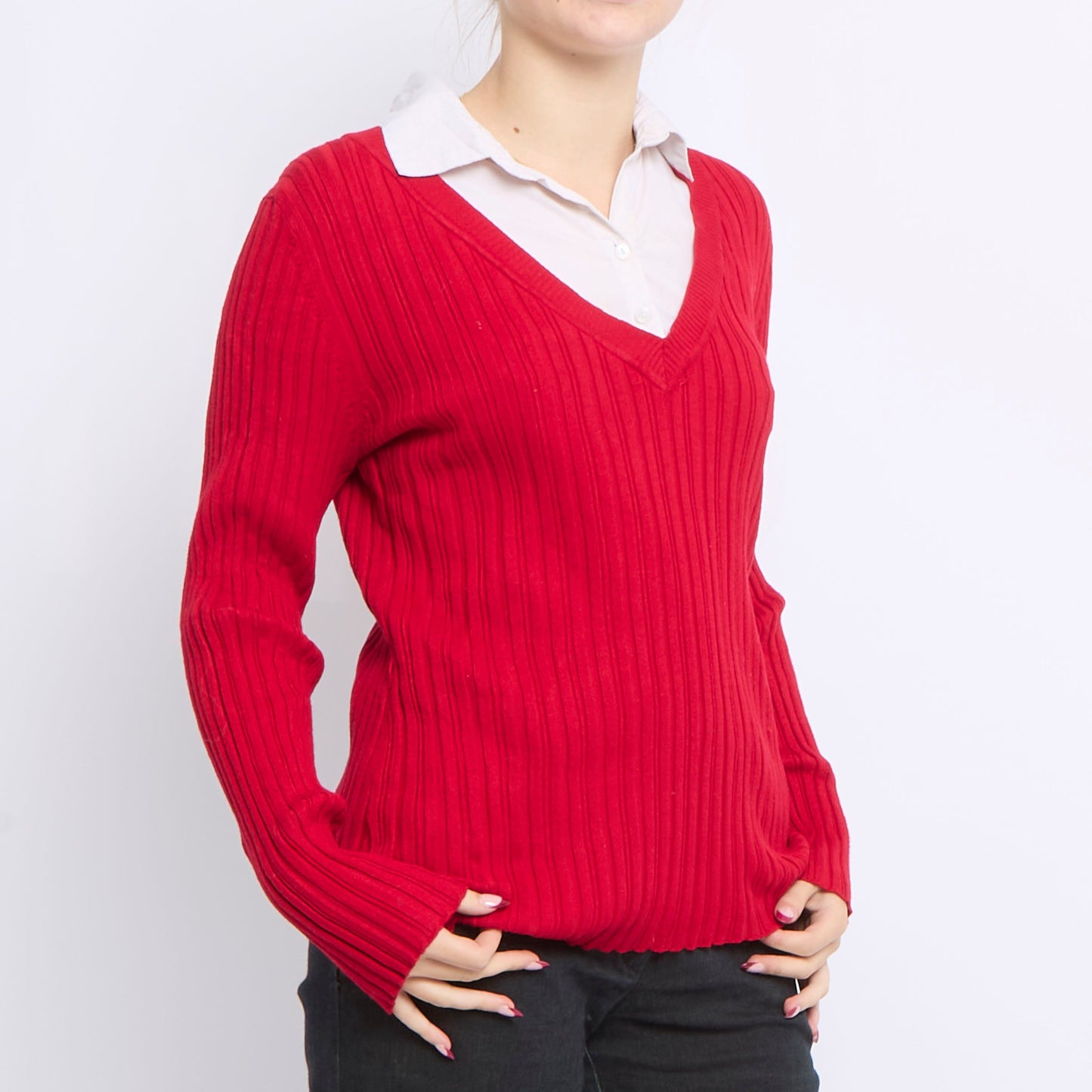 Shirt Style V-Neck Sweater - UK 12