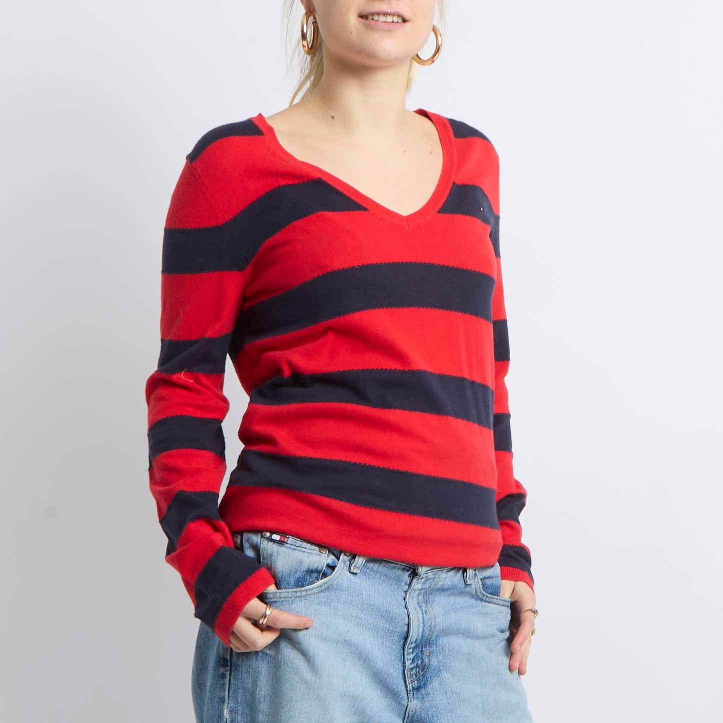 V-Neck Stripe Knitted Sweatshirt - UK 12