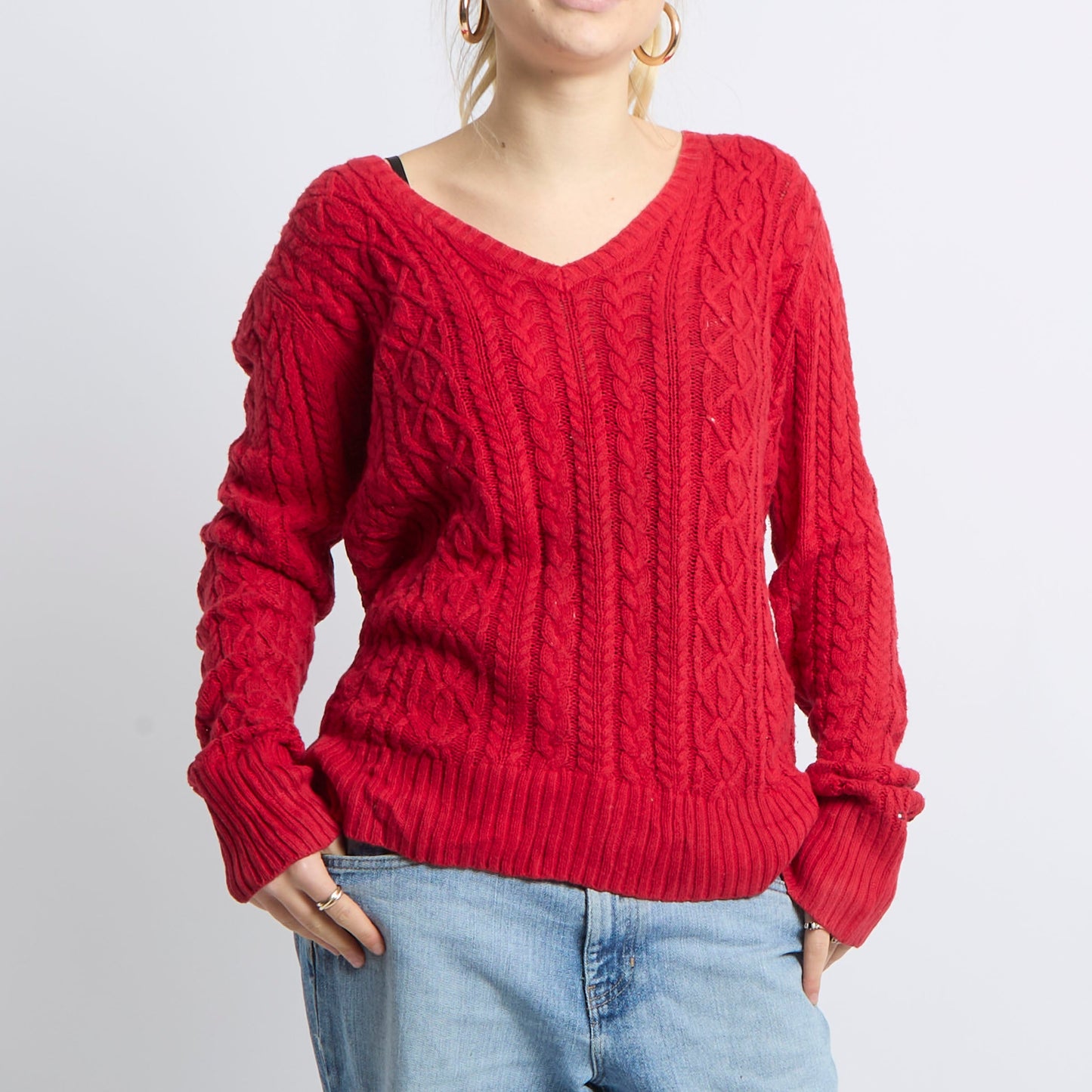 Textured V-Neck Knitted Sweatshirt - UK 12