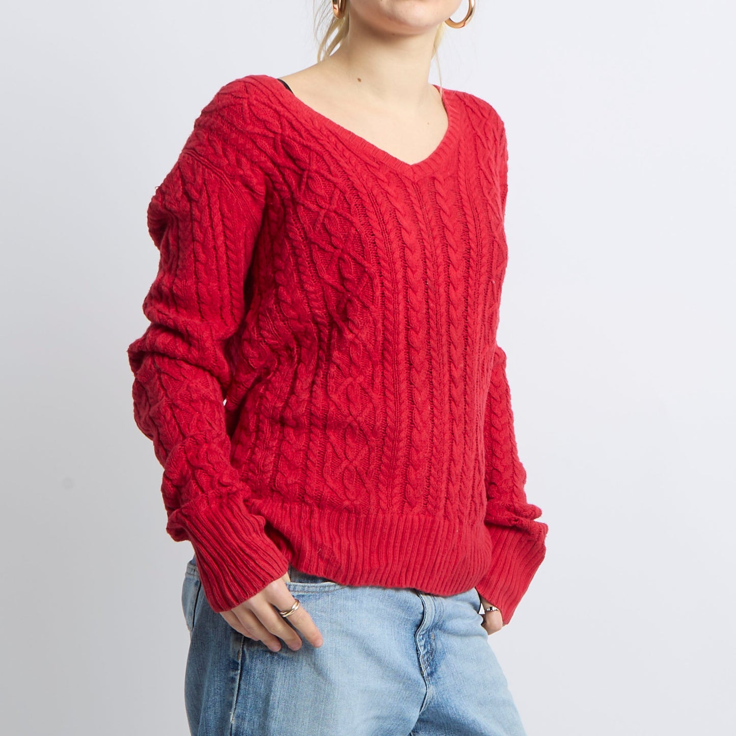 Textured V-Neck Knitted Sweatshirt - UK 12