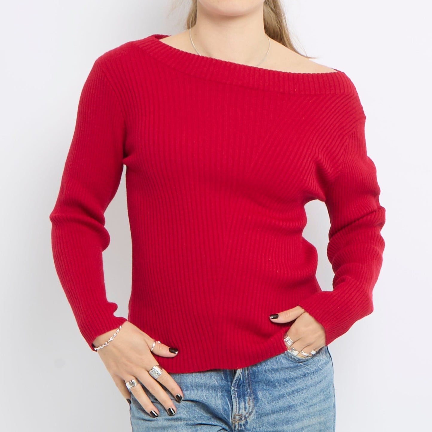 Off The Shoulder Ribbed Knit Top - UK 12