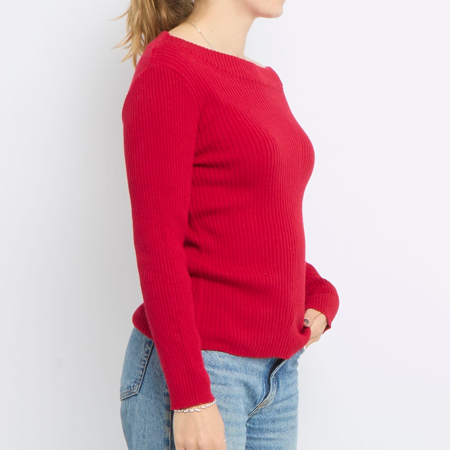 Off The Shoulder Ribbed Knit Top - UK 12