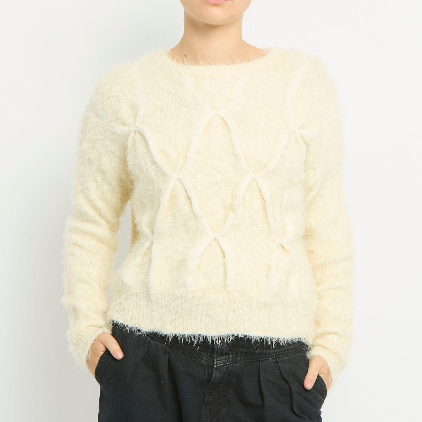 Knot Details Fluffy Knitted Sweatshirt-UK 12