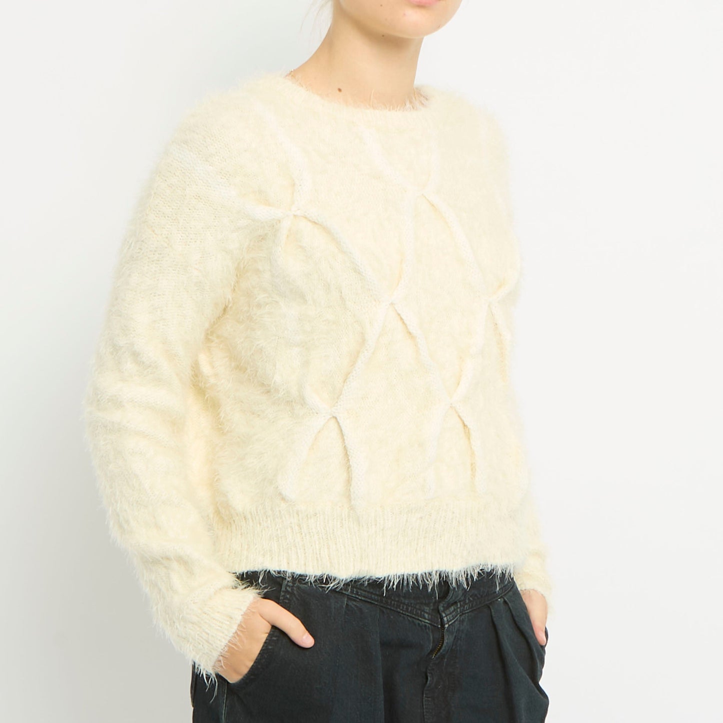 Knot Details Fluffy Knitted Sweatshirt-UK 12