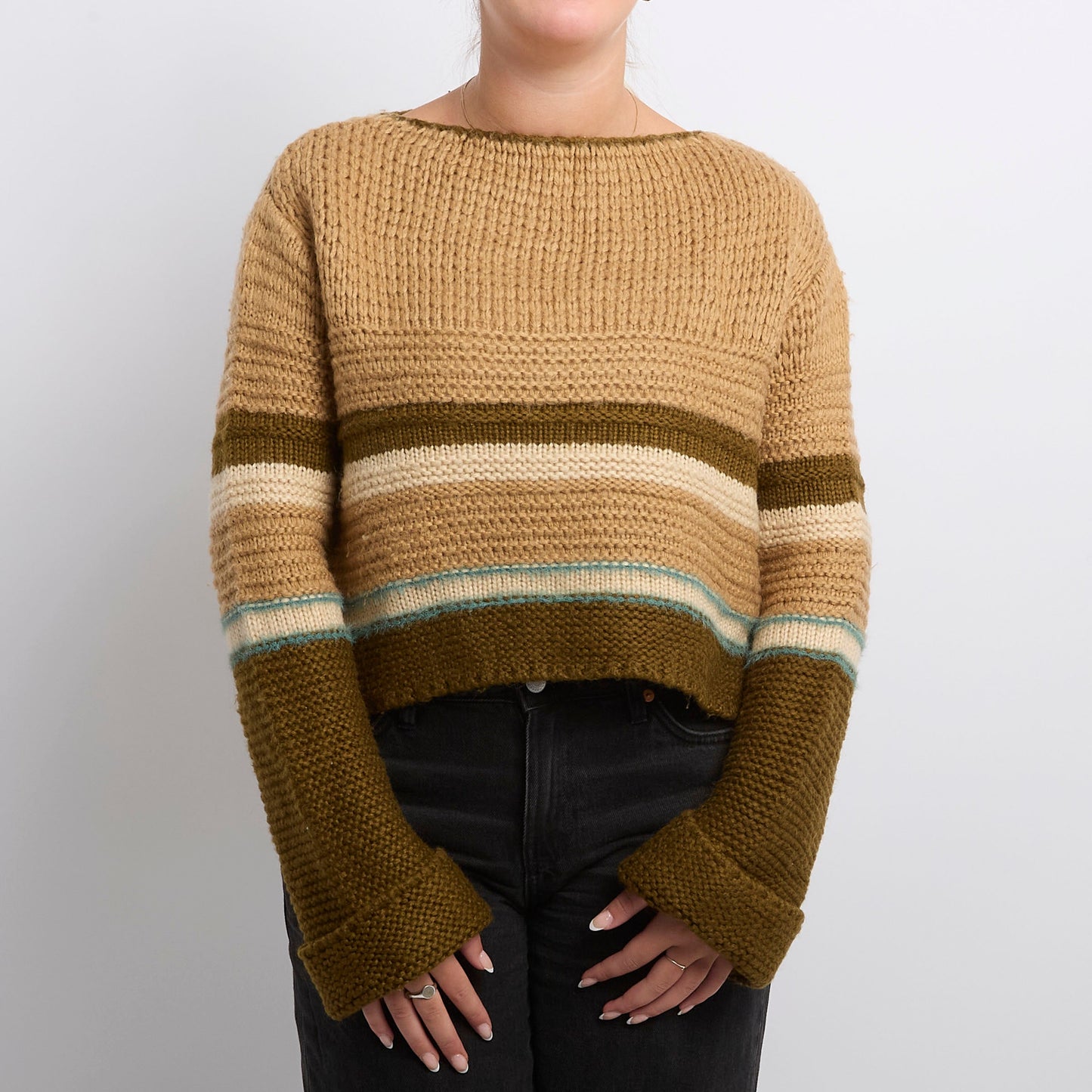 Heavy Knit Striped Round Neck Sweater - UK 14