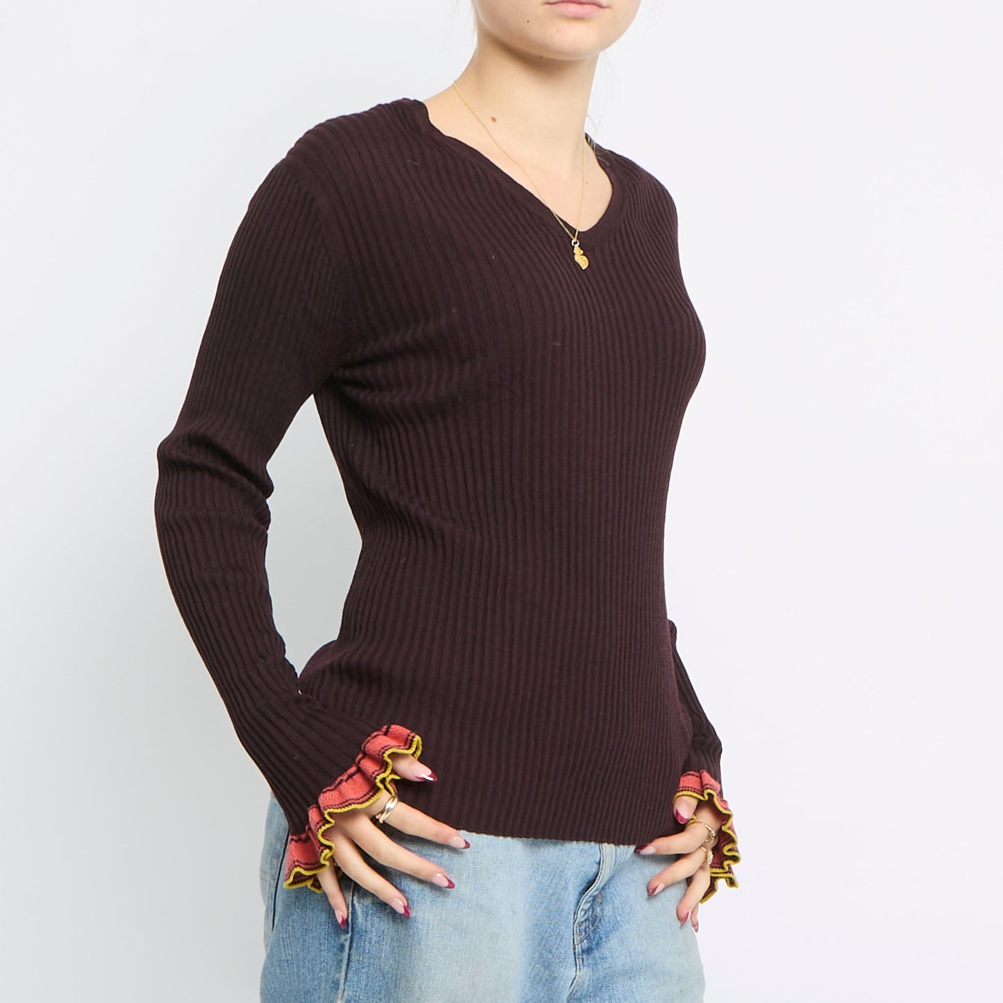 Cuff Detail V-Neck Top - UK 14