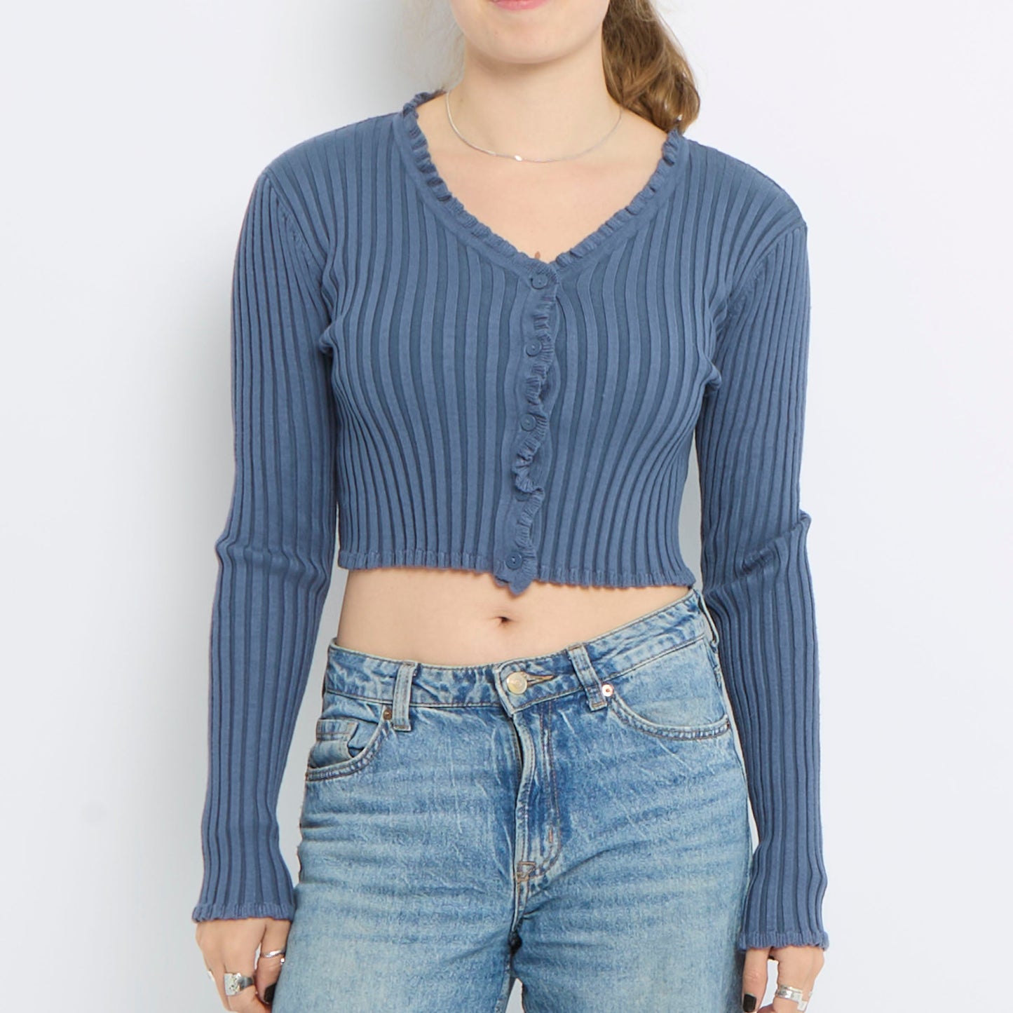 Ruffle Ribbed Cropped Cardigan - UK 6