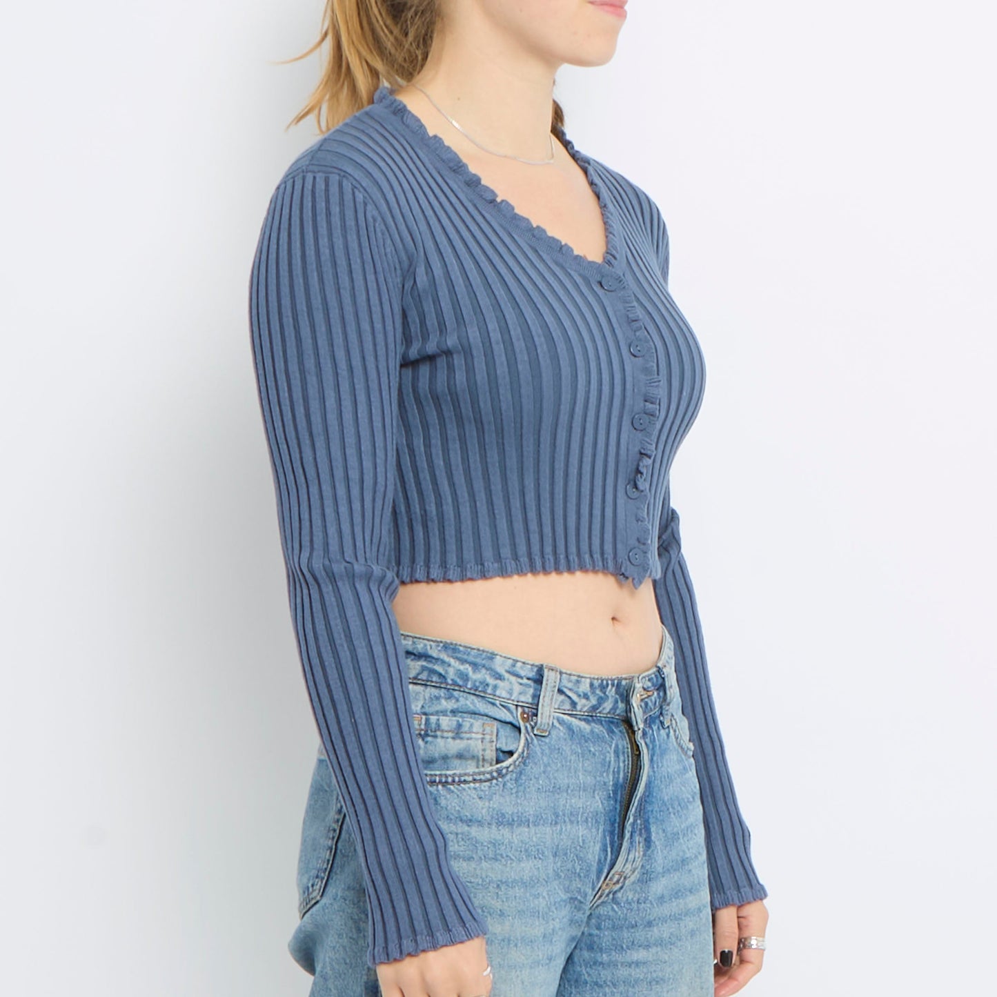 Ruffle Ribbed Cropped Cardigan - UK 6