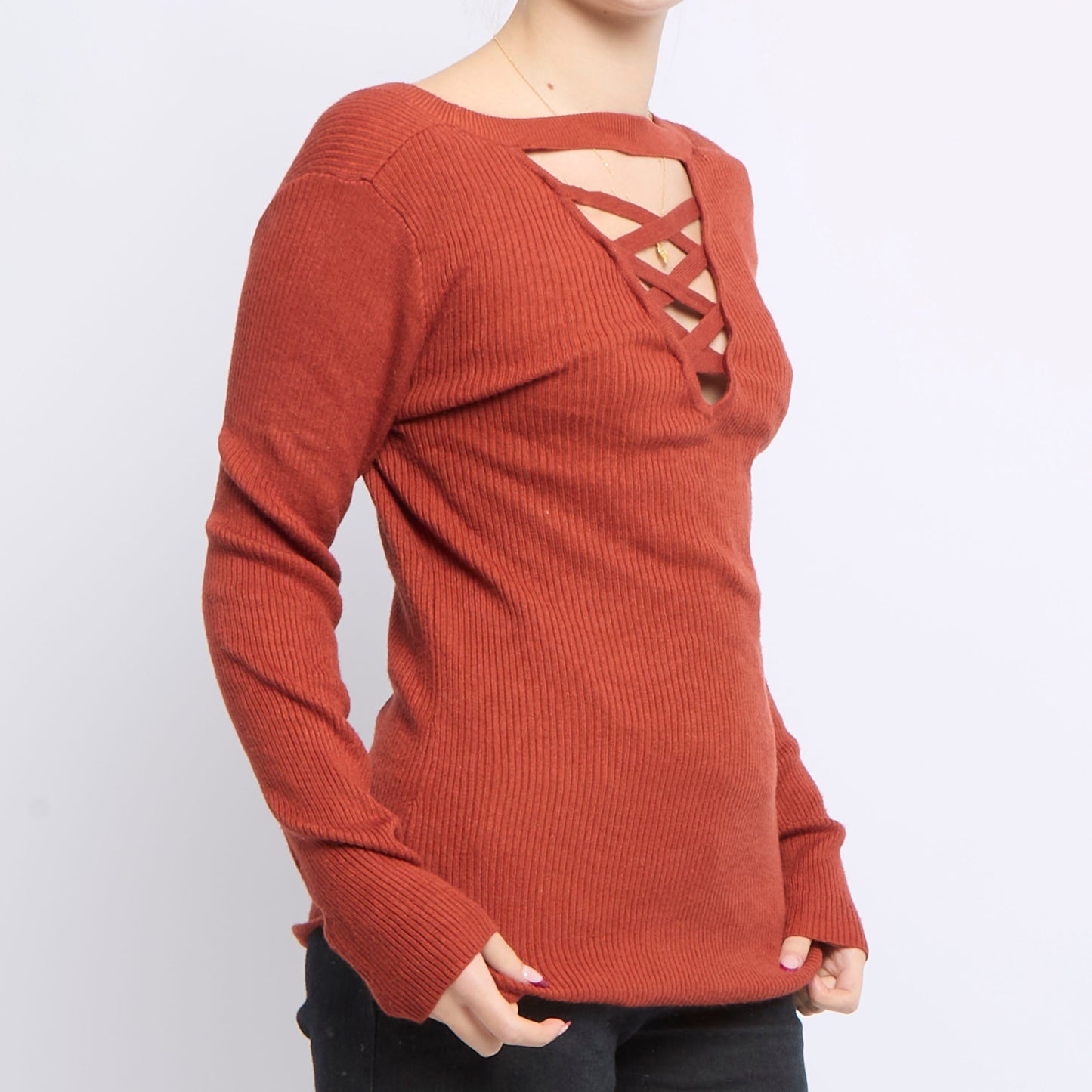 Roundneck Fine Ribbed Openc Back Sweater - UK 14