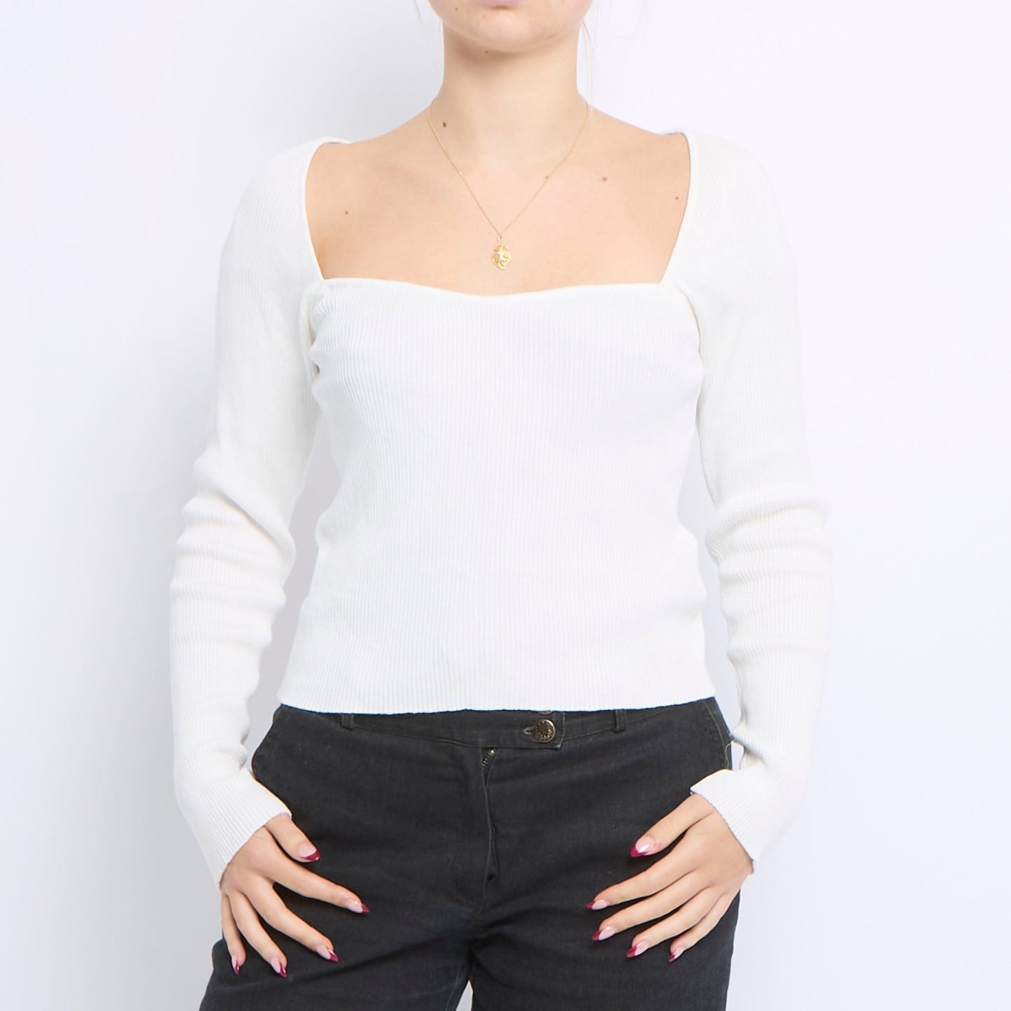 Drop Neck Ribbed Fine Knit Sweater - UK 14