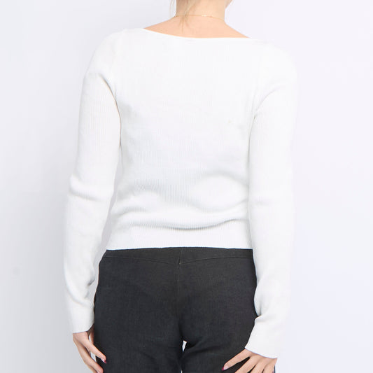 Drop Neck Ribbed Fine Knit Sweater - UK 14