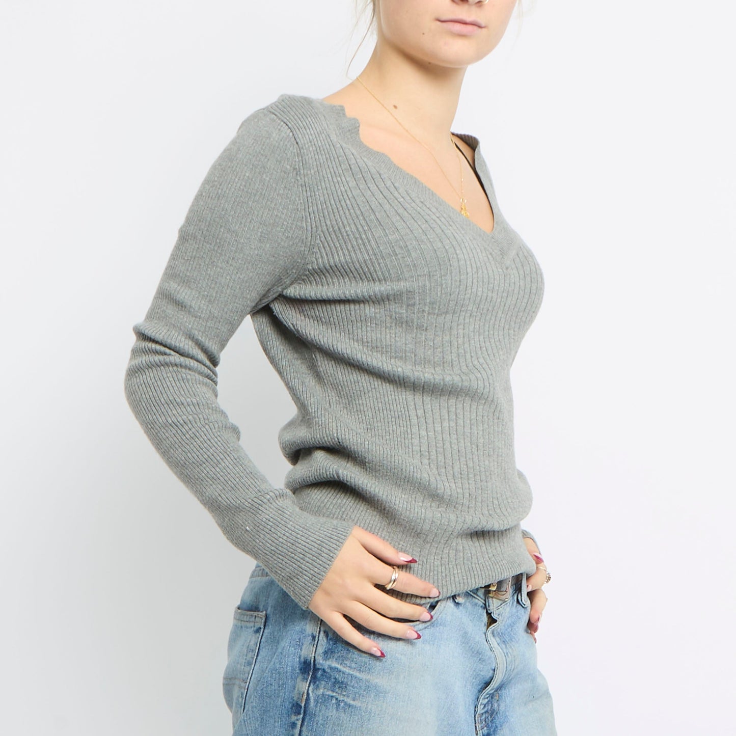 Ribbed V-Neck Knitted Top - UK 14