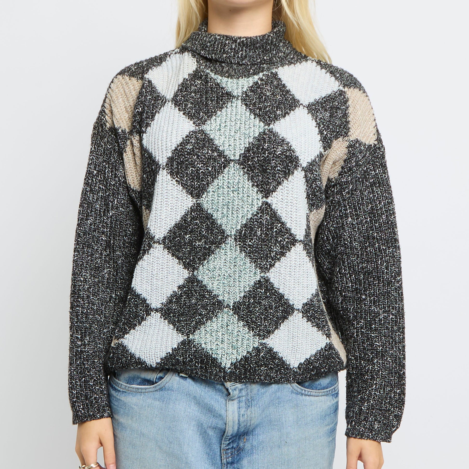 Argyle Pattern Polo Neck Knitted Jumper- UK 14