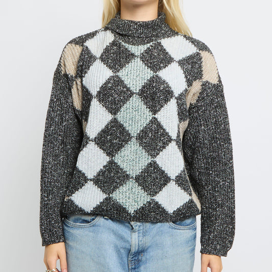 Argyle Pattern Polo Neck Knitted Jumper- UK 14