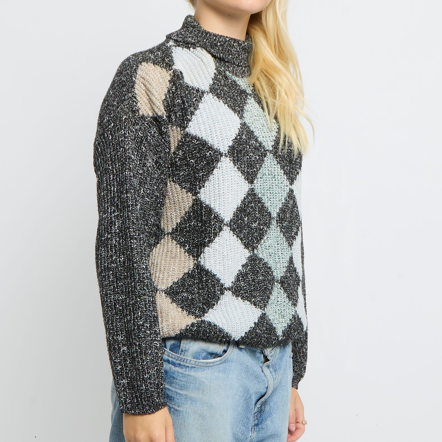 Argyle Pattern Polo Neck Knitted Jumper - UK 14