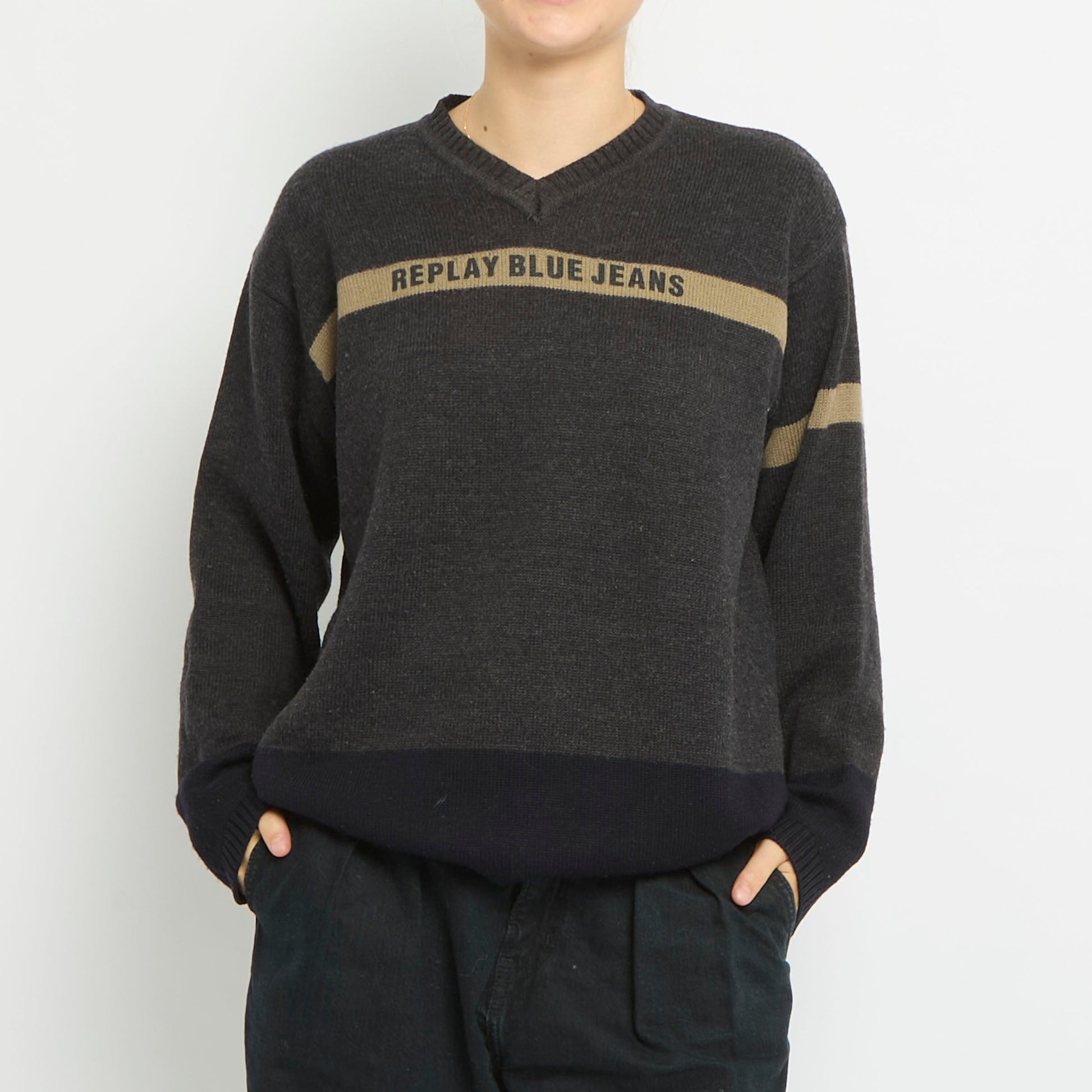 Replay V Neck Knitted Jumper-UK 14