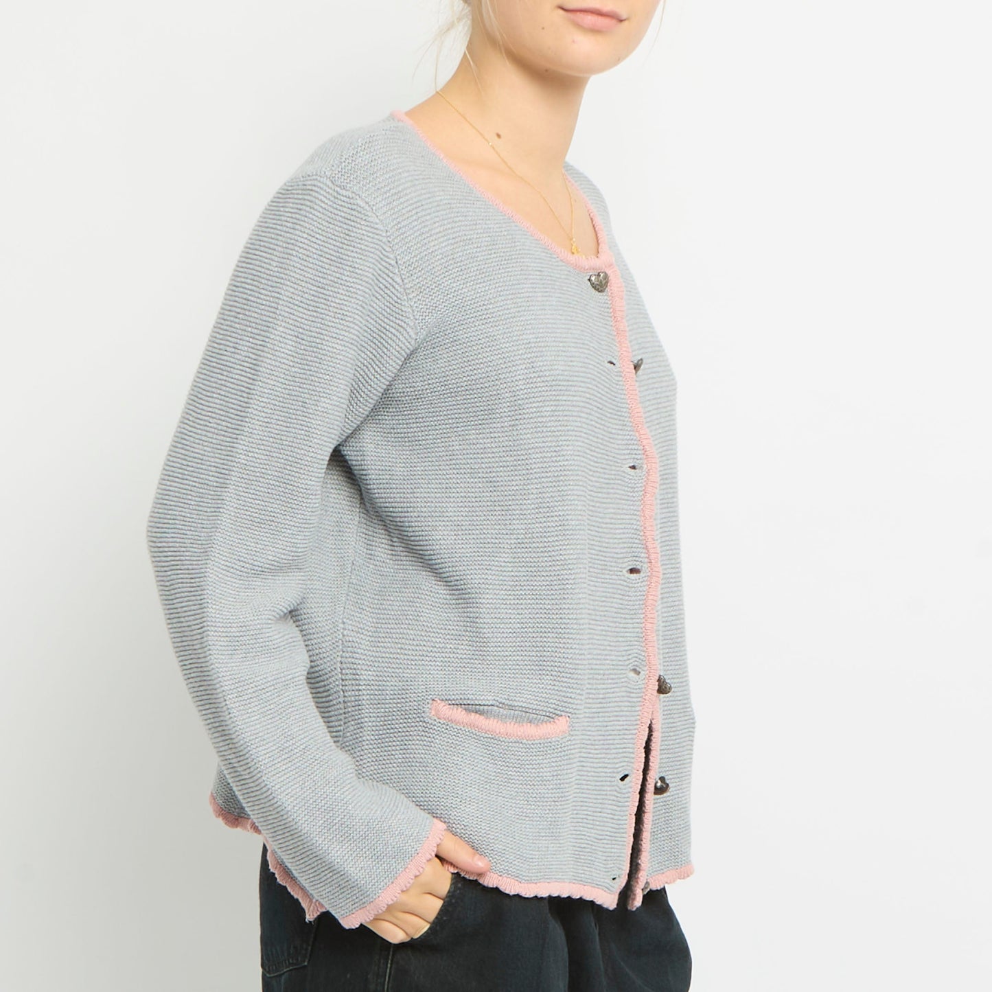 Contrast Trim Heart Detail Knitted Cardigan -UK 14