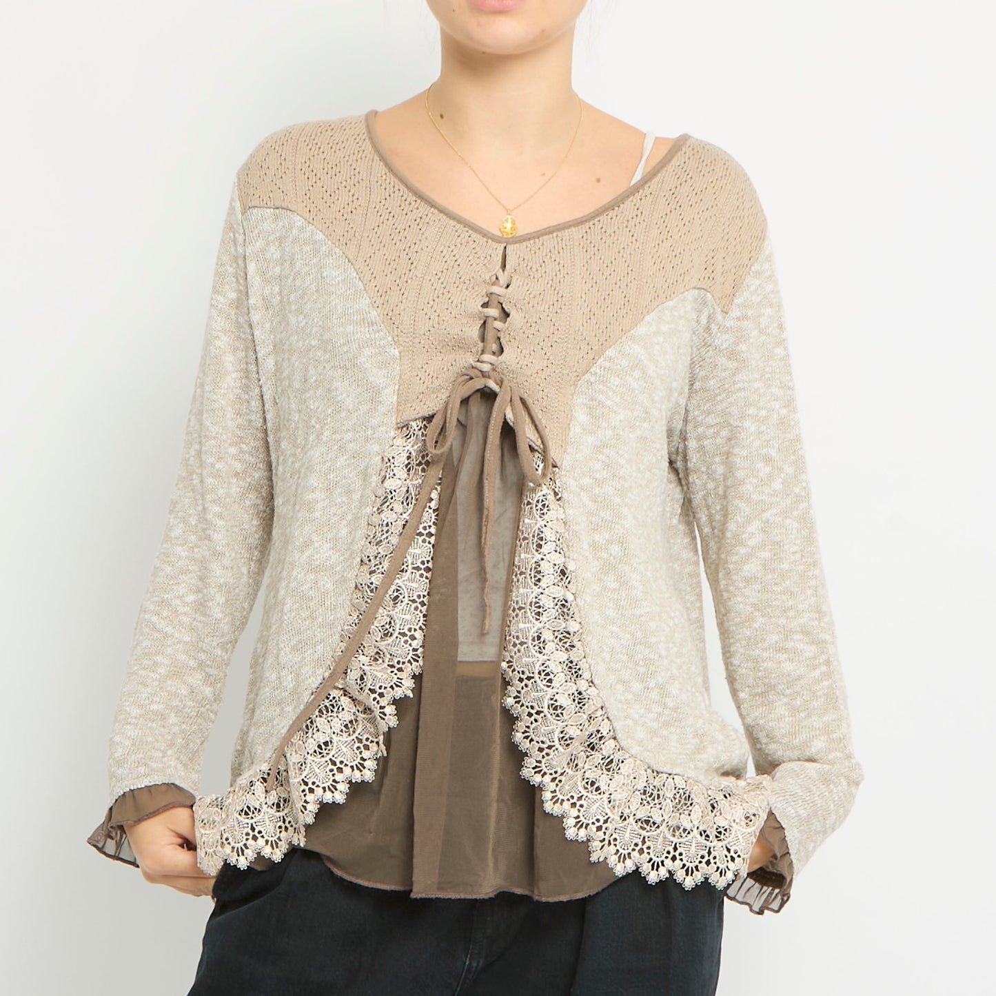 Lace Up Mesh Detail Long Sleeve Top- UK 14