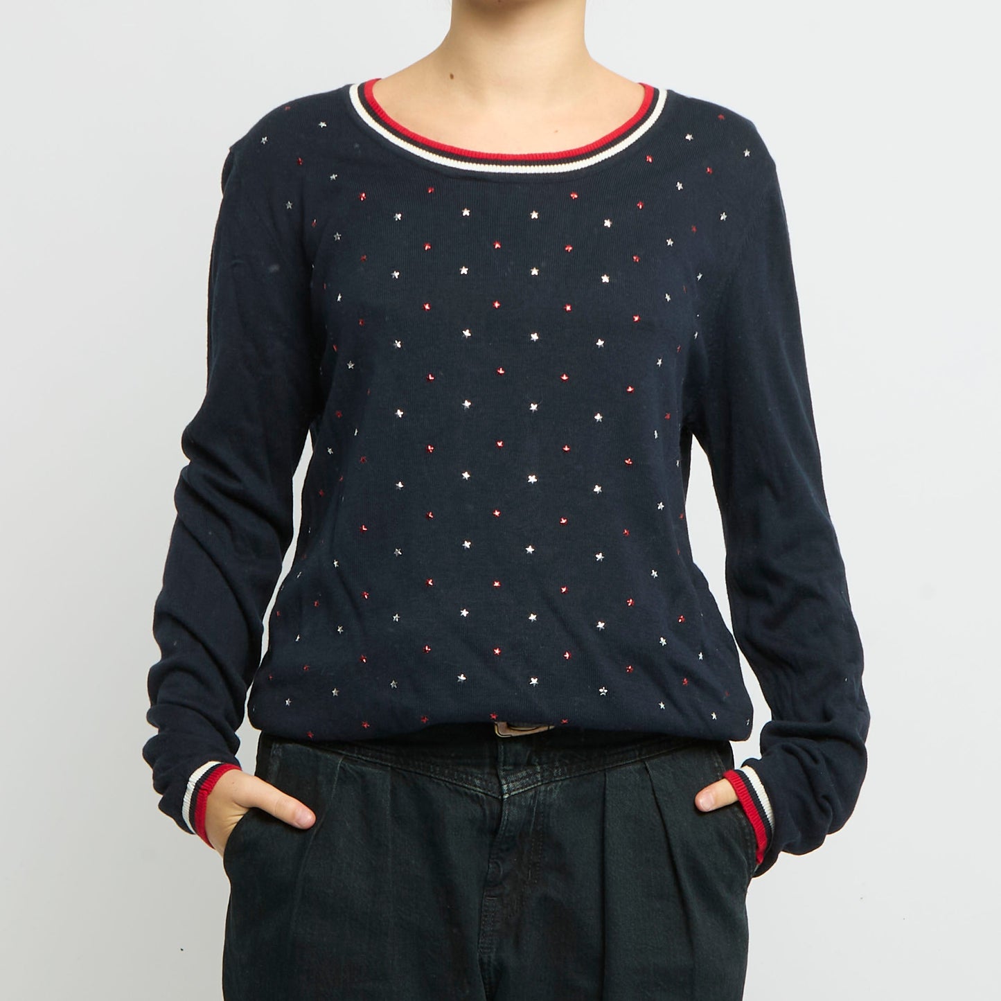 Tommy Hilfiger Star Stud Detail Striped Hem Sweatshirt-UK 14