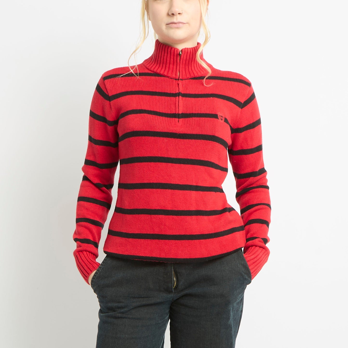 Striped High Neck Quarter Zip Jumper With Ribbed Detailing - UK 14