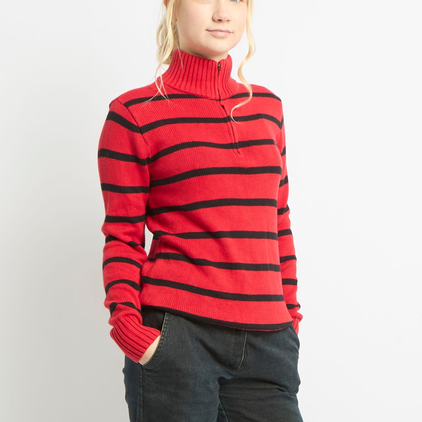 Striped High Neck Quarter Zip Jumper With Ribbed Detailing - UK 14