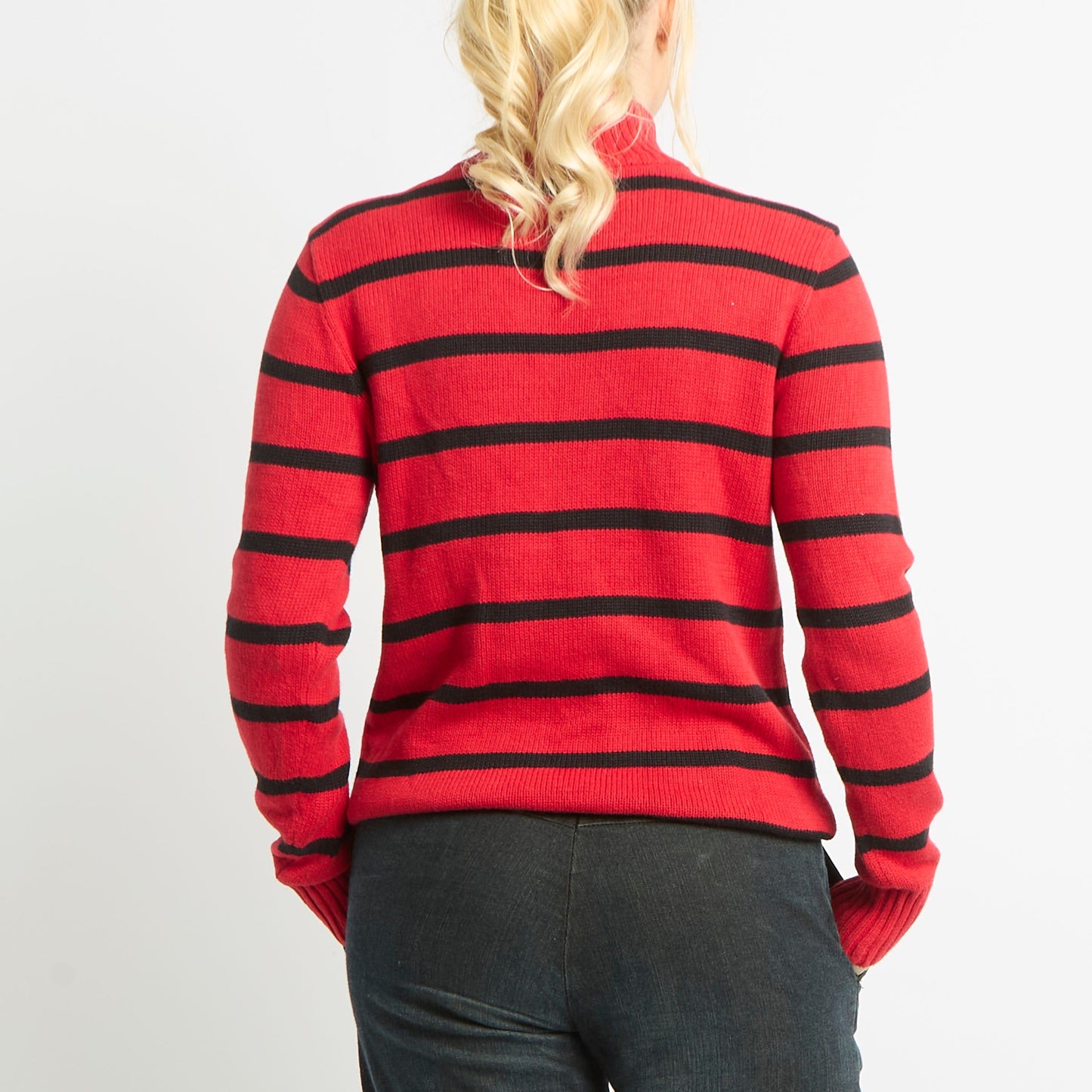 Striped High Neck Quarter Zip Jumper With Ribbed Detailing - UK 14