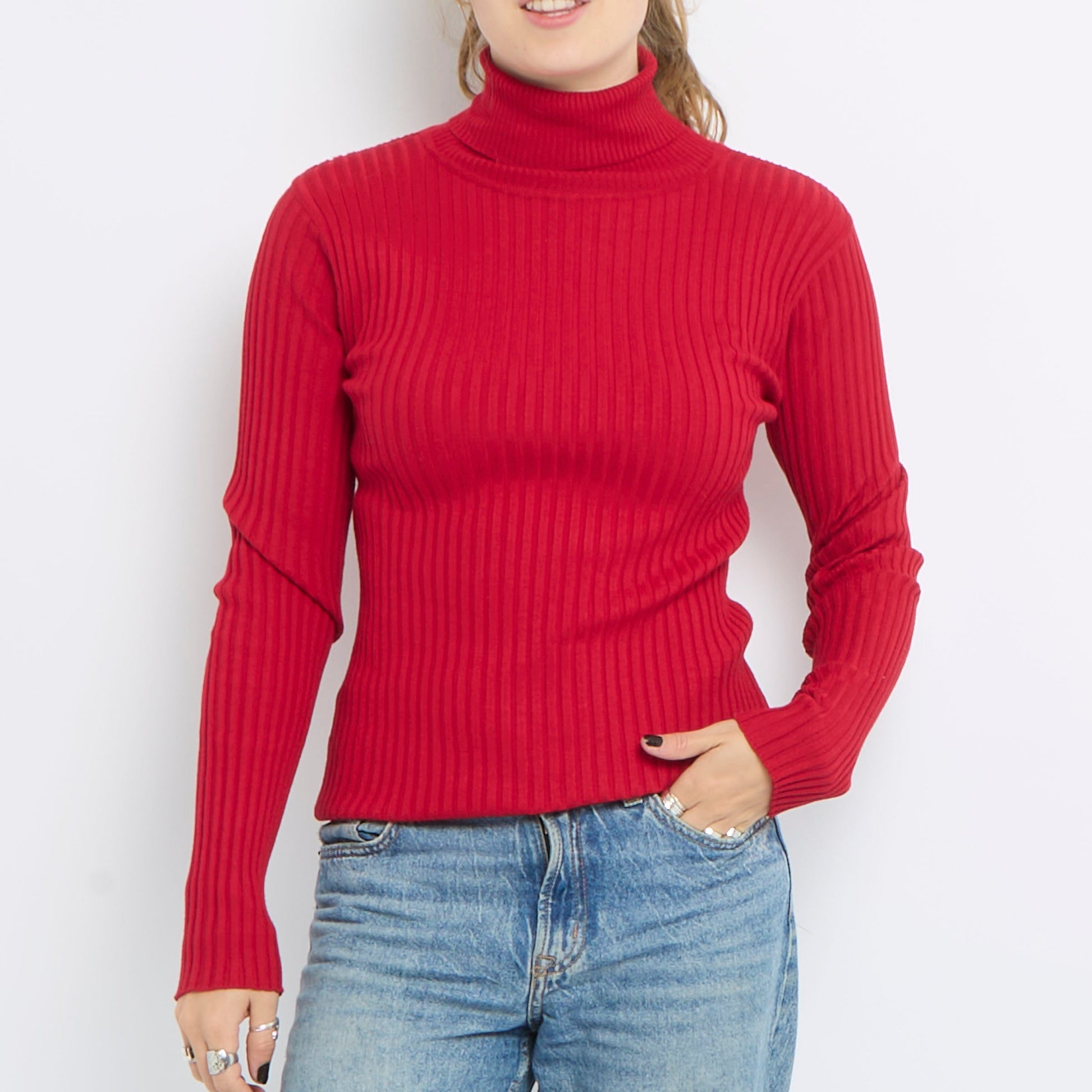 Ribbed Turtle Neck Long Sleeve Knitted Top - UK 14