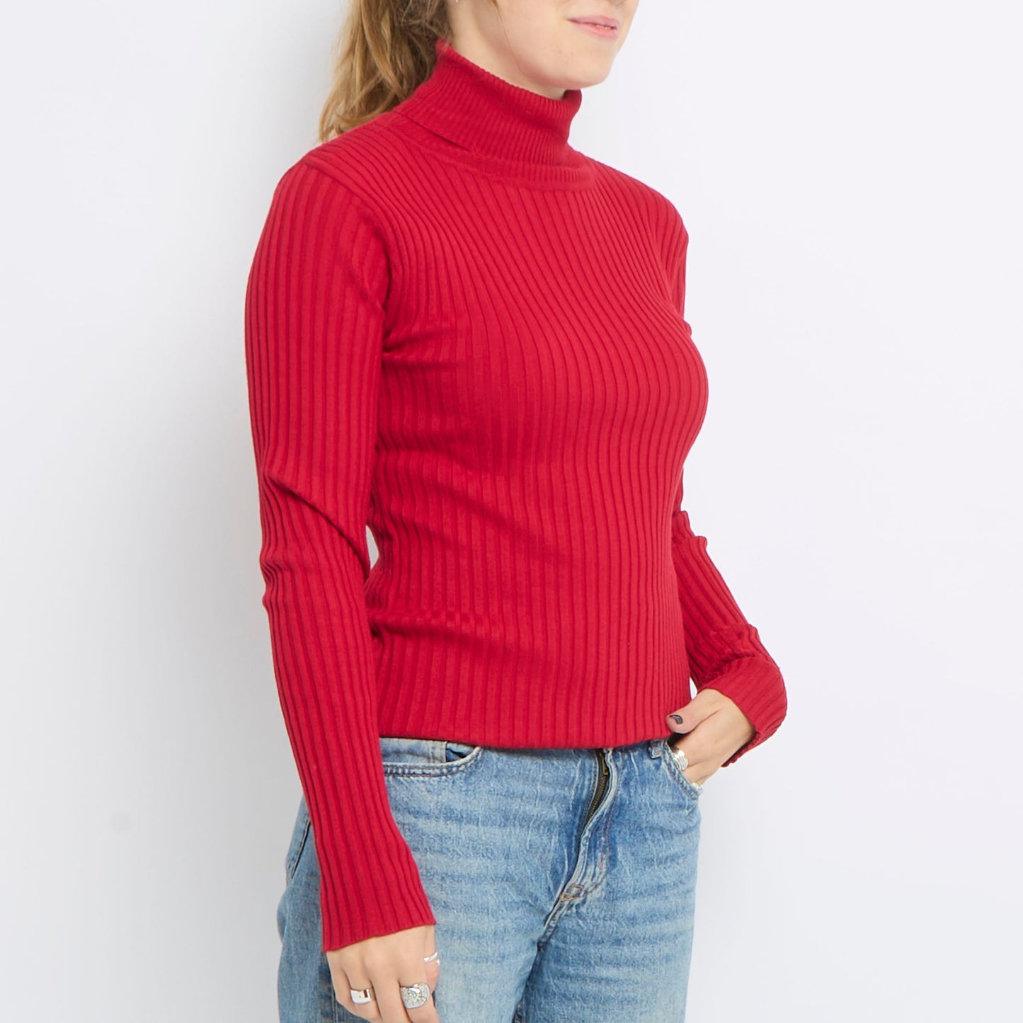 Ribbed Turtle Neck Long Sleeve Knitted Top - UK 14