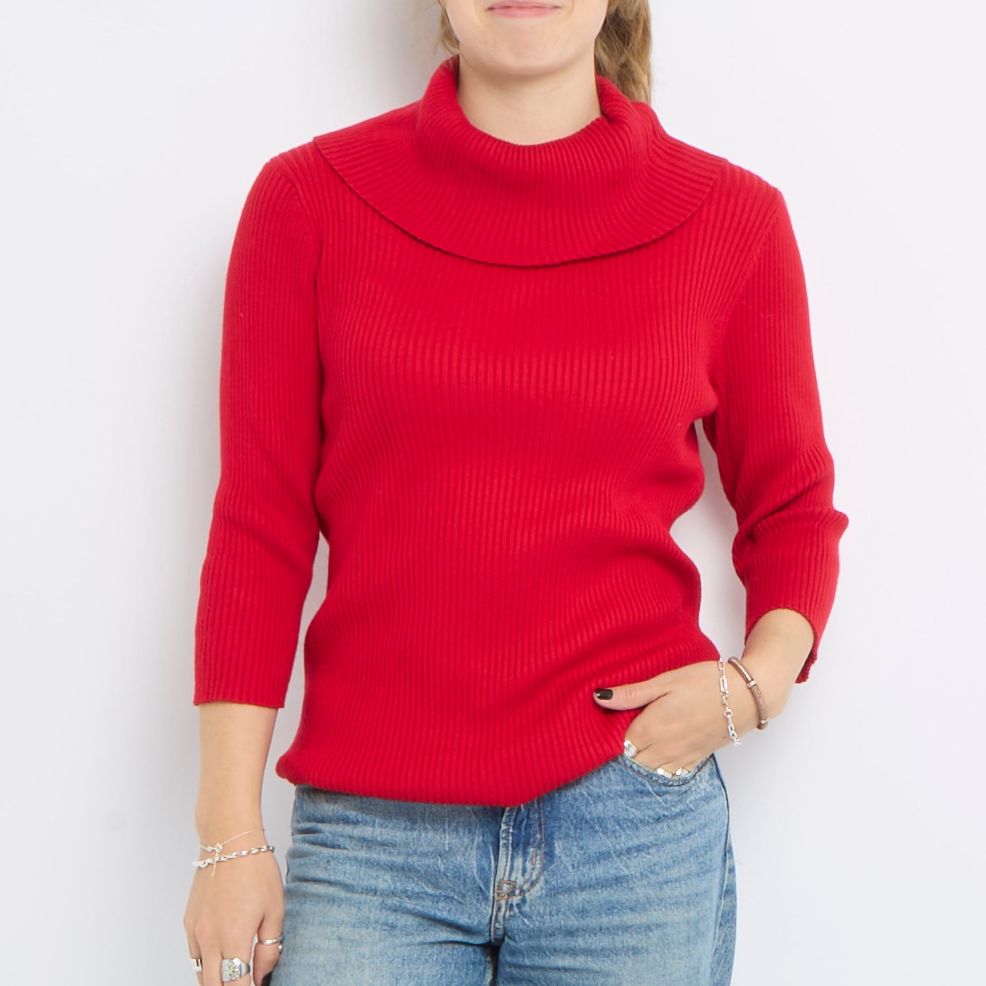 Ribbed Turtle Neck Long Sleeve Knitted Top - UK 14