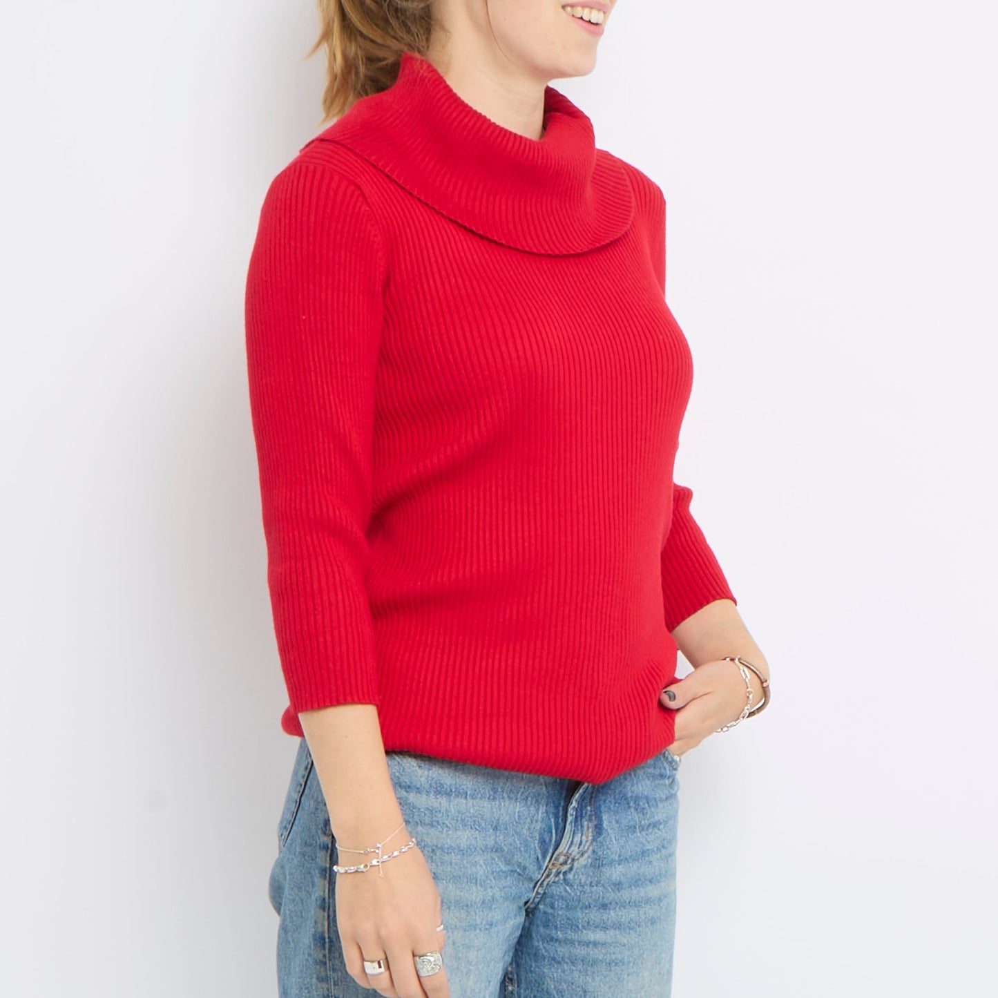 Ribbed Turtle Neck Long Sleeve Knitted Top - UK 14